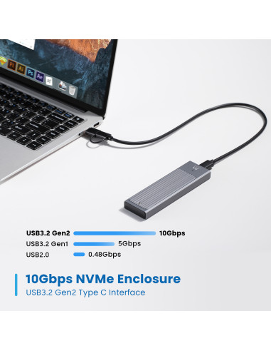 EWENT Caixa Externa USB 3.2 Gen2 USB C M.2 NVMe SSD, Cabo USB C e USB