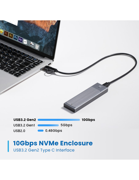 EWENT Caixa Externa USB 3.2 Gen2 USB C M.2 NVMe SSD, Cabo USB C e USB
