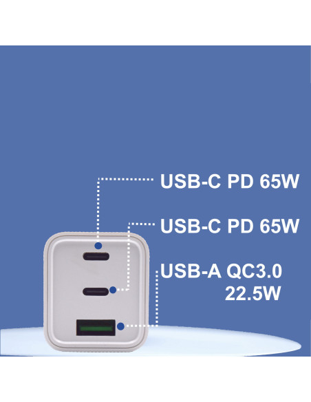 EWENT Carregador 2 x USB C e 1 x USB A, PD, QC3.0 (65W), branco