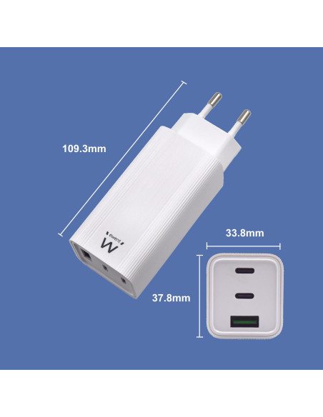 EWENT Carregador 2 x USB C e 1 x USB A, PD, QC3.0 (65W), branco