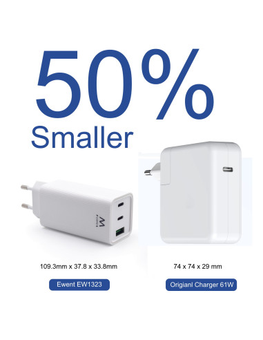 EWENT Carregador 2 x USB C e 1 x USB A, PD, QC3.0 (65W), branco