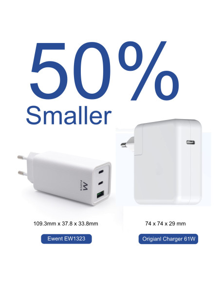 EWENT Carregador 2 x USB C e 1 x USB A, PD, QC3.0 (65W), branco