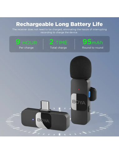Microfone de Lapela BOYA BY-V10 (1 TX + 1 RX) Ultracompact 2.4GHz Wireless USB-C Preto