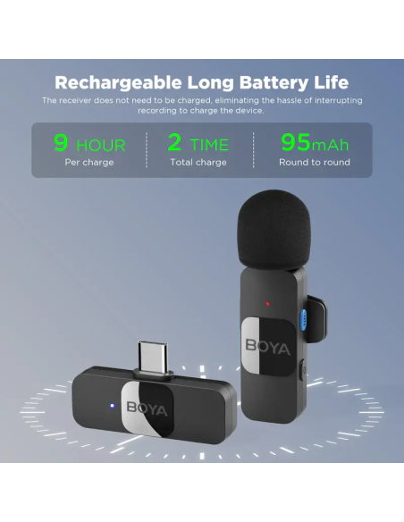 Microfone de Lapela BOYA BY-V10 (1 TX + 1 RX) Ultracompact 2.4GHz Wireless USB-C Preto