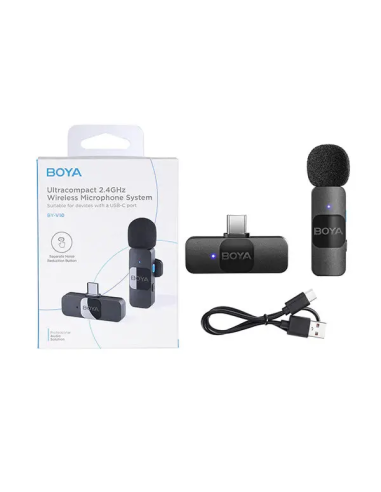 Microfone de Lapela BOYA BY-V10 (1 TX + 1 RX) Ultracompact 2.4GHz Wireless USB-C Preto