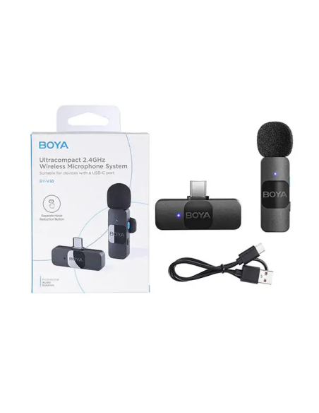 Microfone de Lapela BOYA BY-V10 (1 TX + 1 RX) Ultracompact 2.4GHz Wireless USB-C Preto
