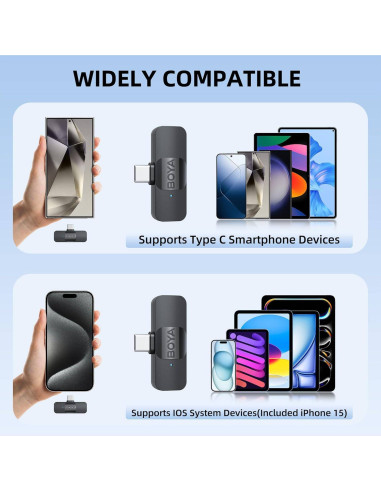 Microfone de Lapela BOYA BY-V10 (1 TX + 1 RX) Ultracompact 2.4GHz Wireless USB-C Preto