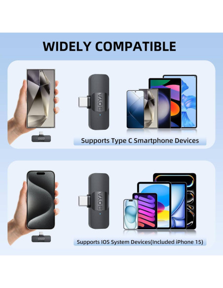 Microfone de Lapela BOYA BY-V10 (1 TX + 1 RX) Ultracompact 2.4GHz Wireless USB-C Preto